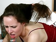 Brunette gets pulled by her hair then bent over and spanked by hot busy teacher!